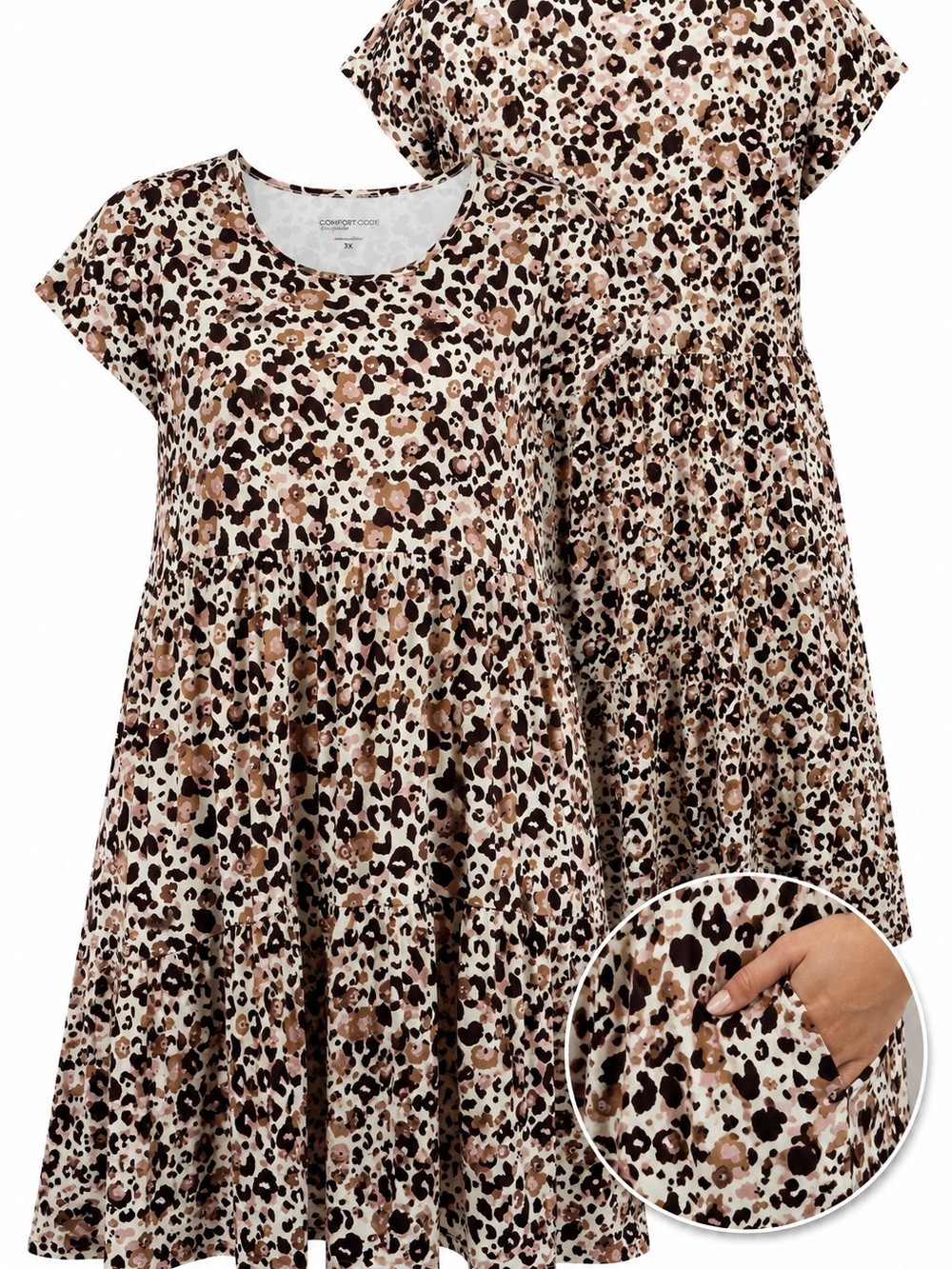 Comfort Code Mixed Leopard & Floral Tiered Midi Dress - Brown, Cream, Black